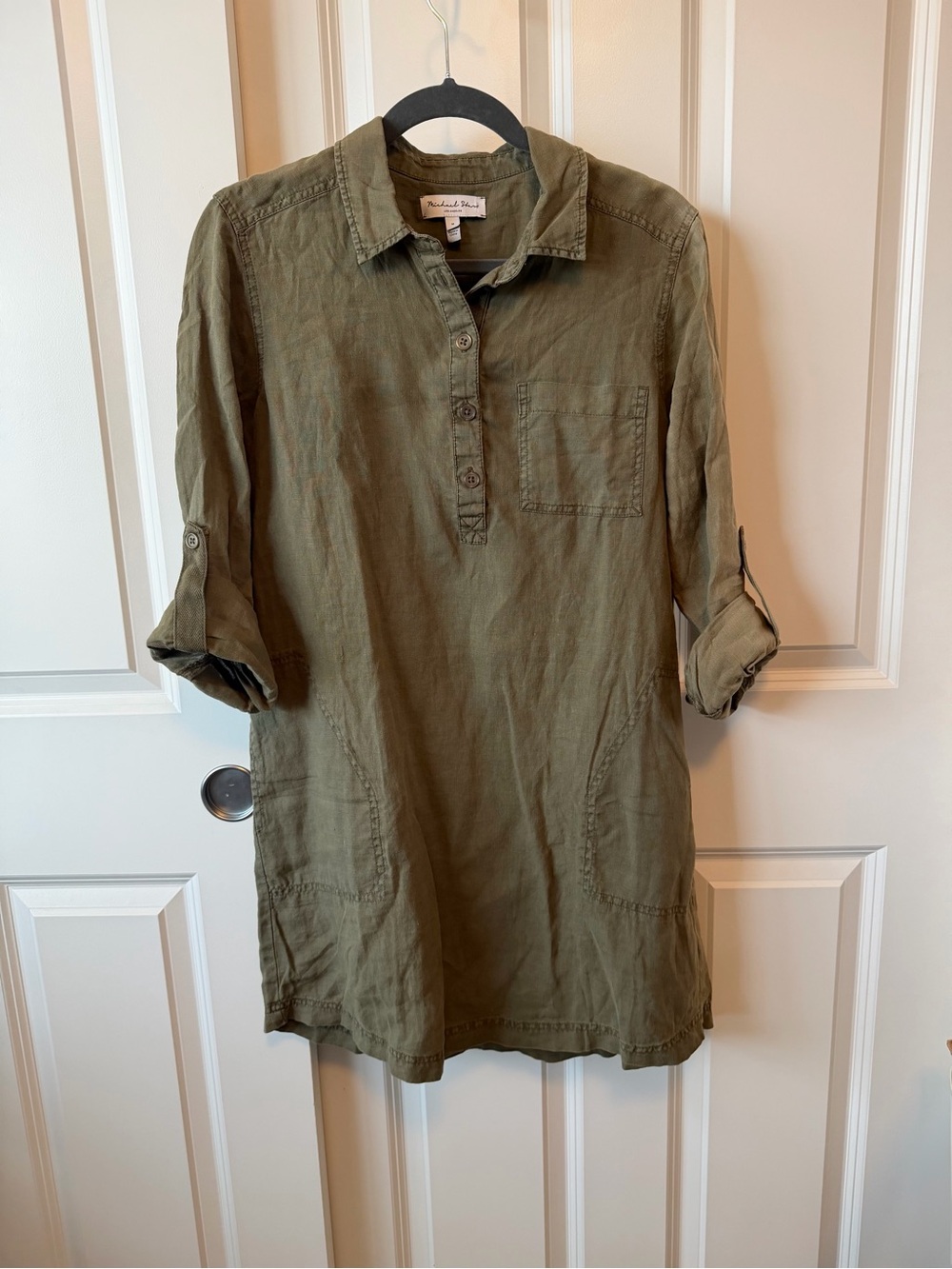 Michael Stars 100% Linen Utility Shirt Dress M Olive